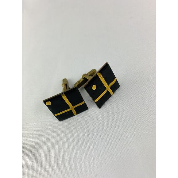 Vintage Men's Enameled Goldtone and Black Square Cufflinks Artsy Retro Toggle - Picture 10 of 12